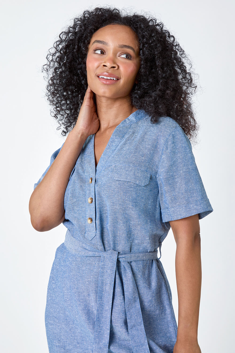 Blue Petite Linen Blend Shirt Shift Dress, Image 5 of 6