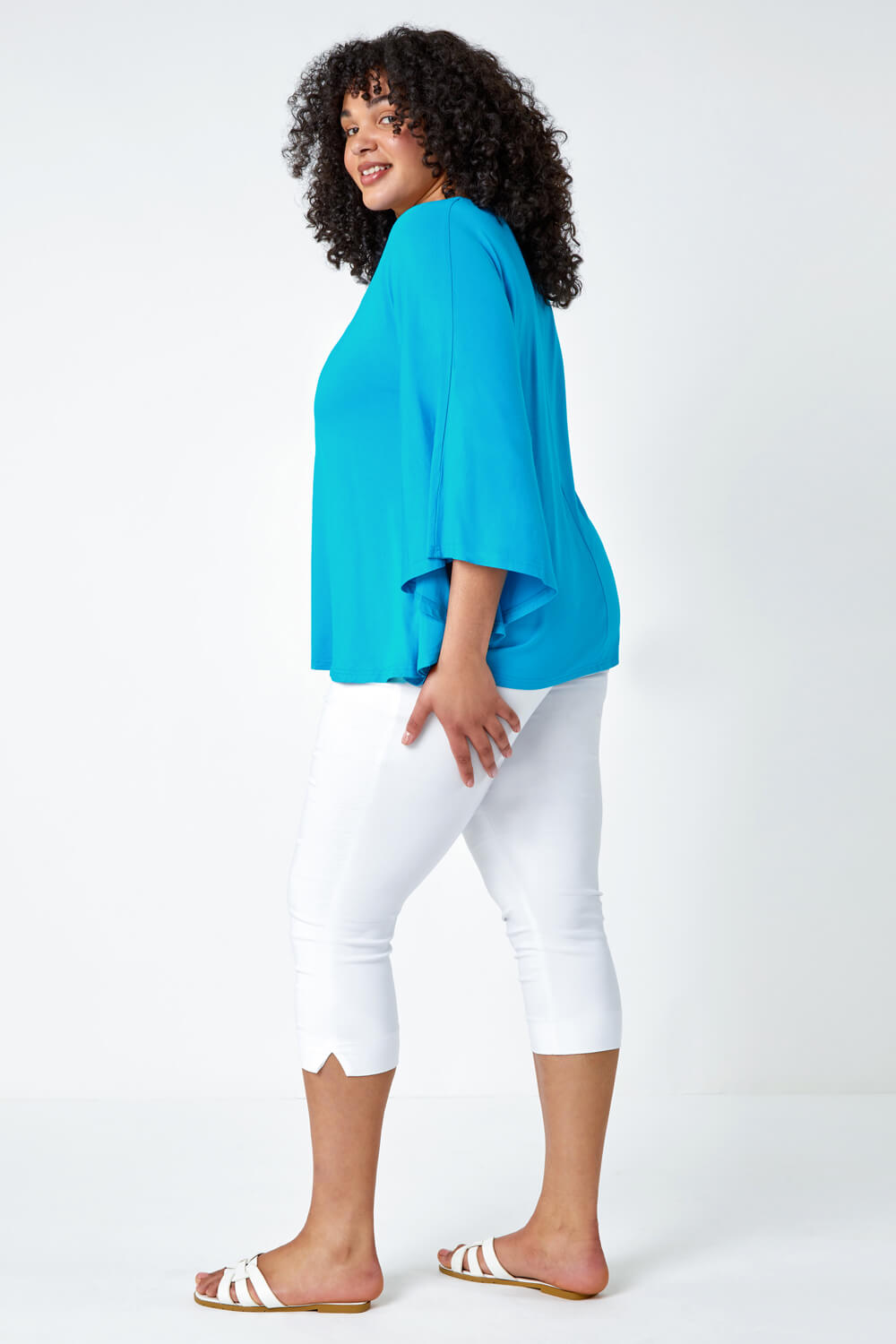 Turquoise Curve Stretch Jersey Cape Sleeve Top, Image 3 of 5