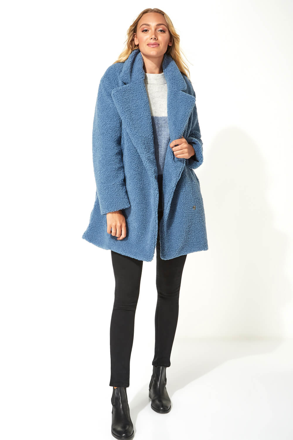 Longline Soft Faux Fur Teddy Coat in Steel Blue - Roman Originals UK