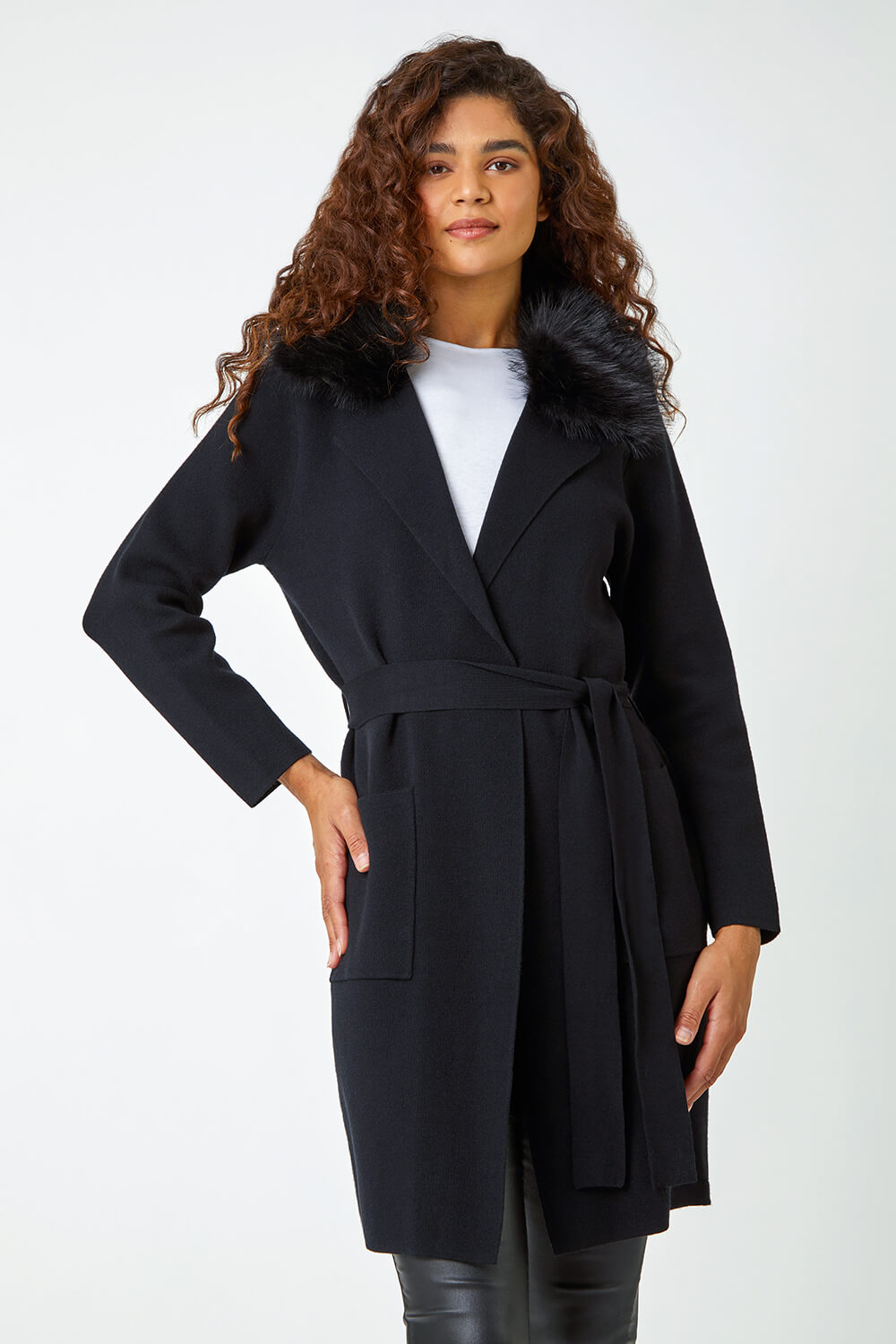 Black Faux Fur Collar Longline Cardigan | Roman UK
