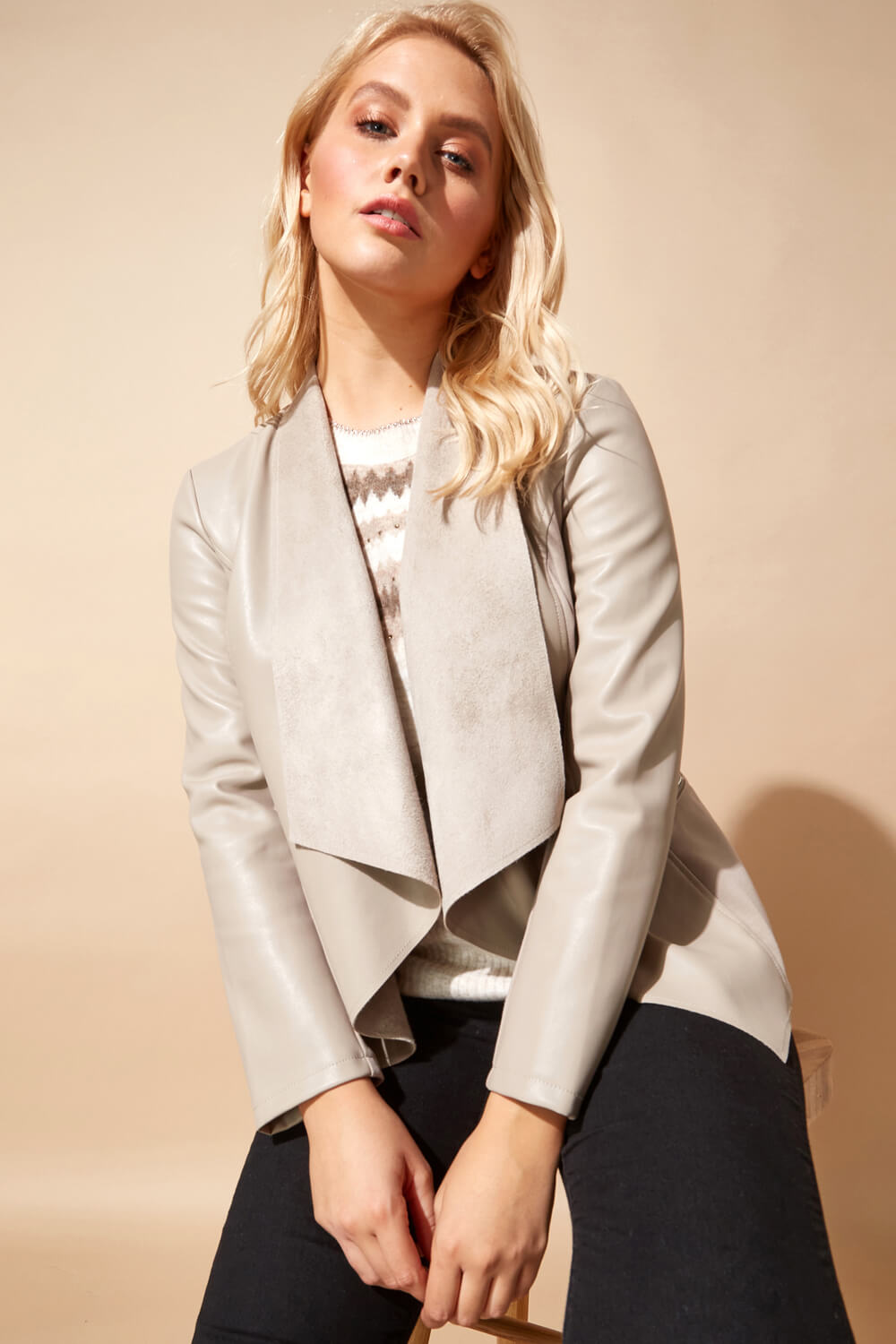 Faux Leather Suedette Waterfall Jacket