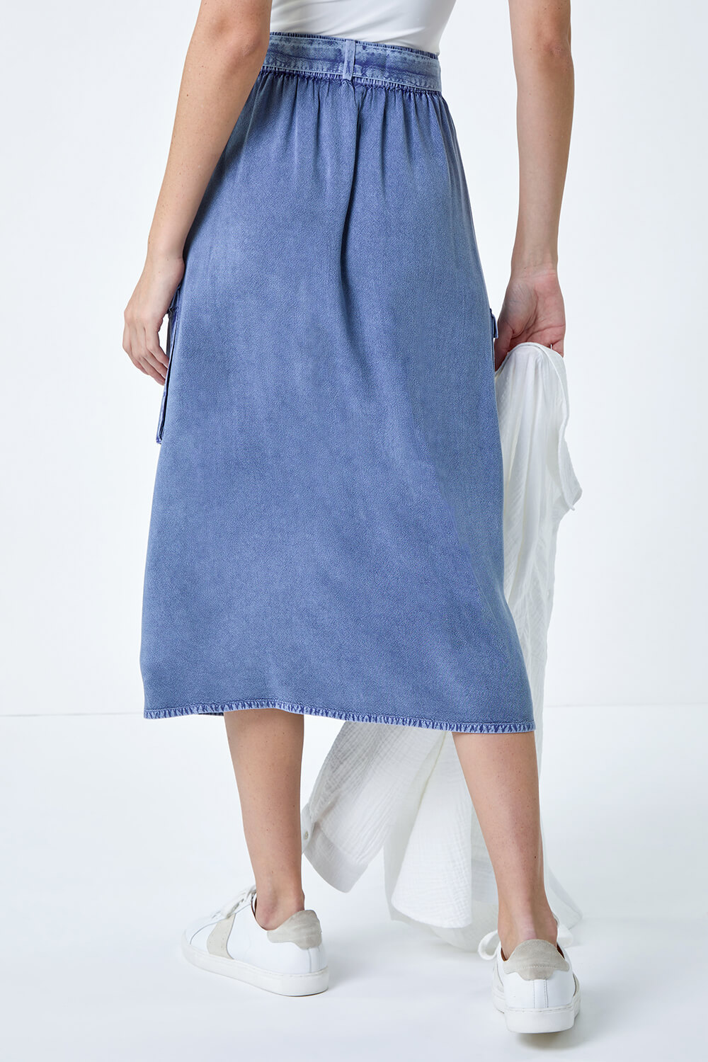 Denim Elastic Waist Button Front Pocket A Line Skirt, Image 3 of 5