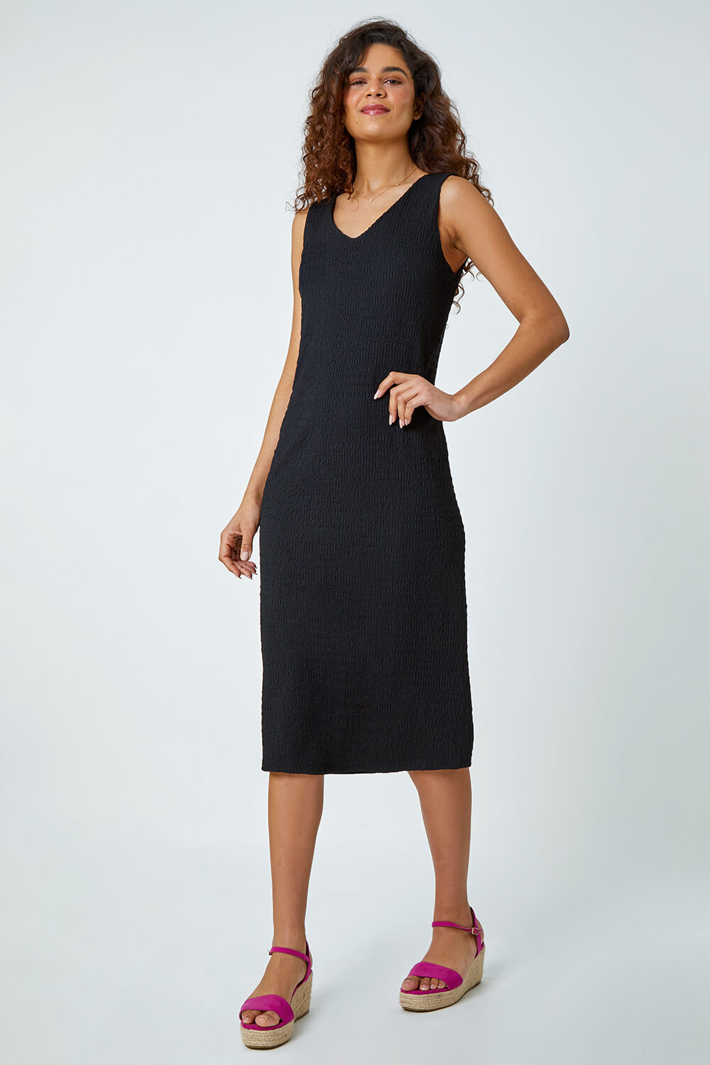 Black Textured Stretch Jersey Midi Dress, Image 2 of 5