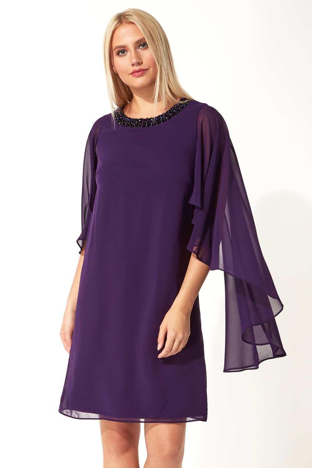 Embellished Trim Chiffon Dress in Purple - Roman Originals UK