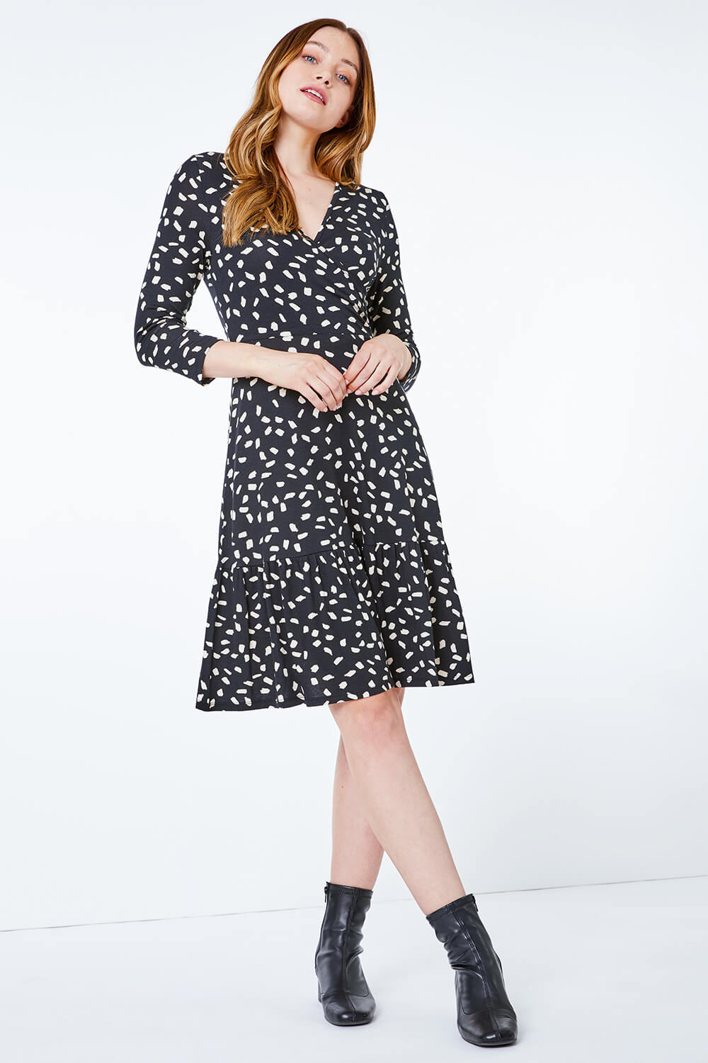 Black Abstract Spot Jersey Wrap Dress , Image 2 of 5
