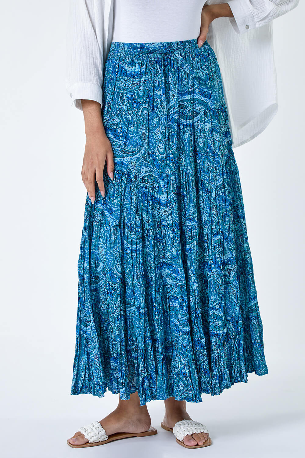 Blue Paisley Crinkle Cotton Tiered Maxi Skirt, Image 4 of 5