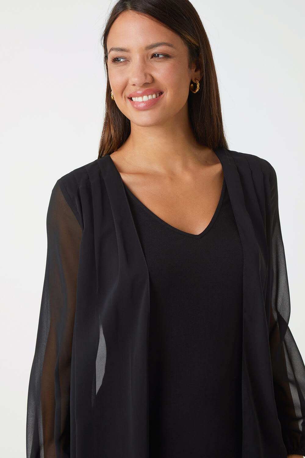 Black Contrast Chiffon Overlay Stretch Top, Image 4 of 5