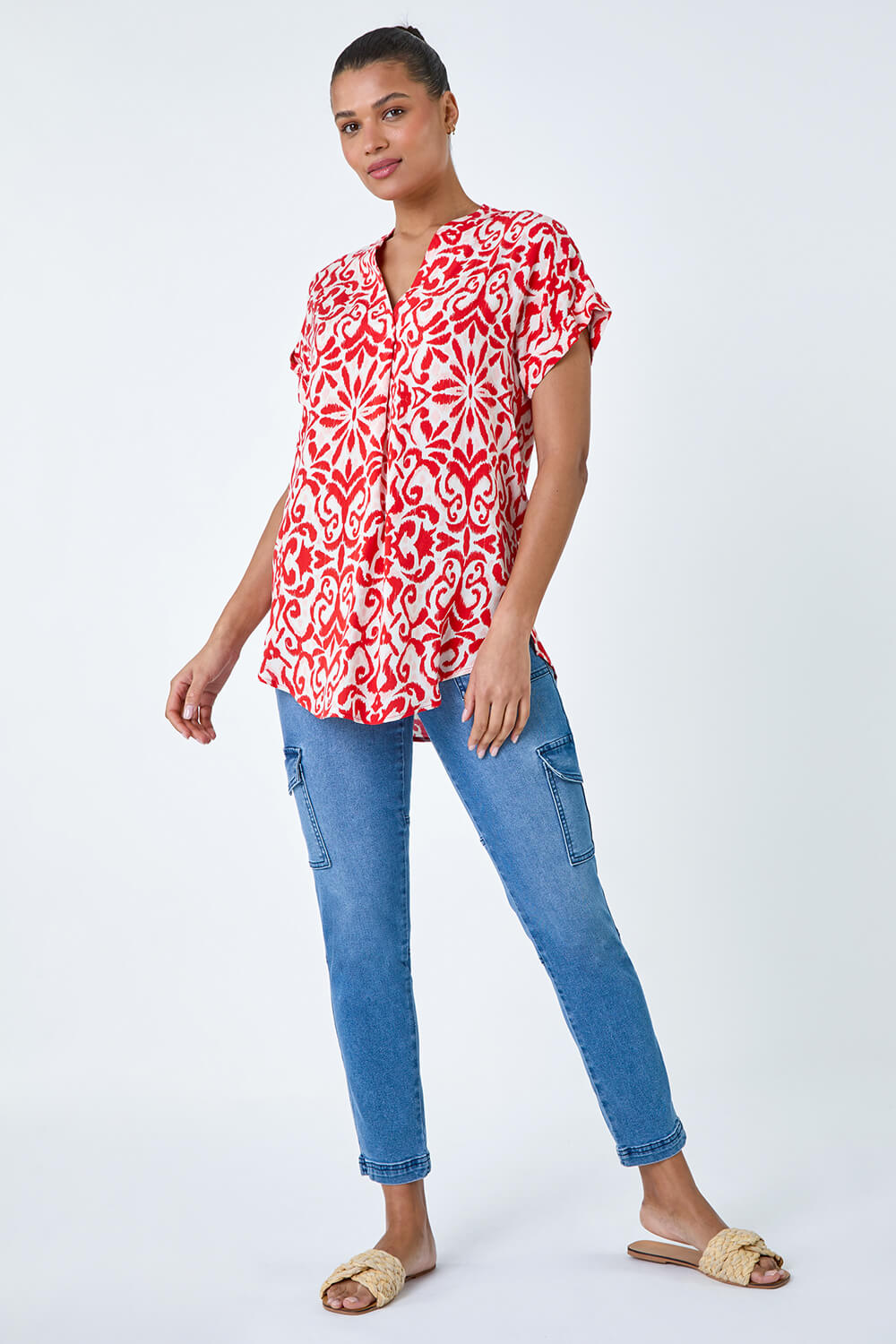 Red Aztec Print Pleat Detail Top, Image 2 of 5
