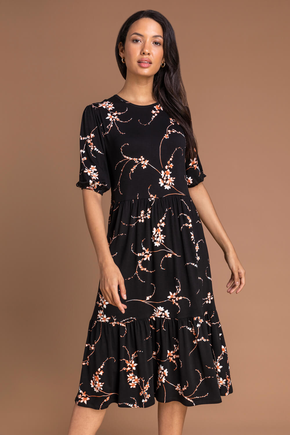 Black Floral Print Tiered Midi Dress, Image 3 of 5