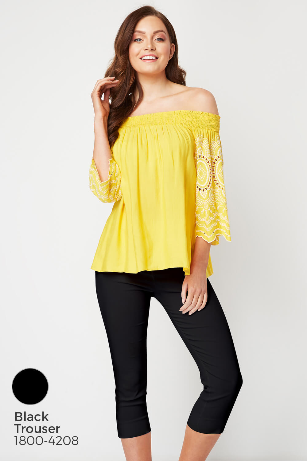 Yellow Embroidered Sleeve Bardot Top , Image 7 of 8