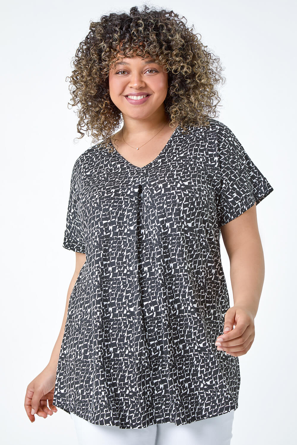 Black Curve Pleat Front Printed Stretch Top, Image 4 of 5