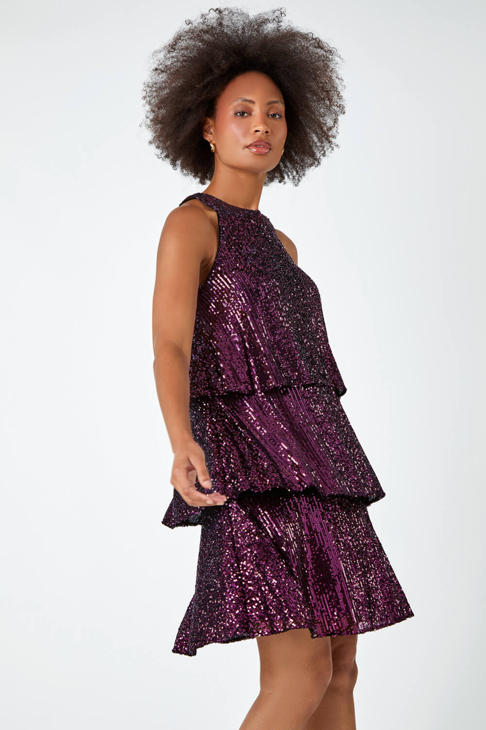 Purple Sequin Embellished Tiered Stretch Dress, Image 2 of 5