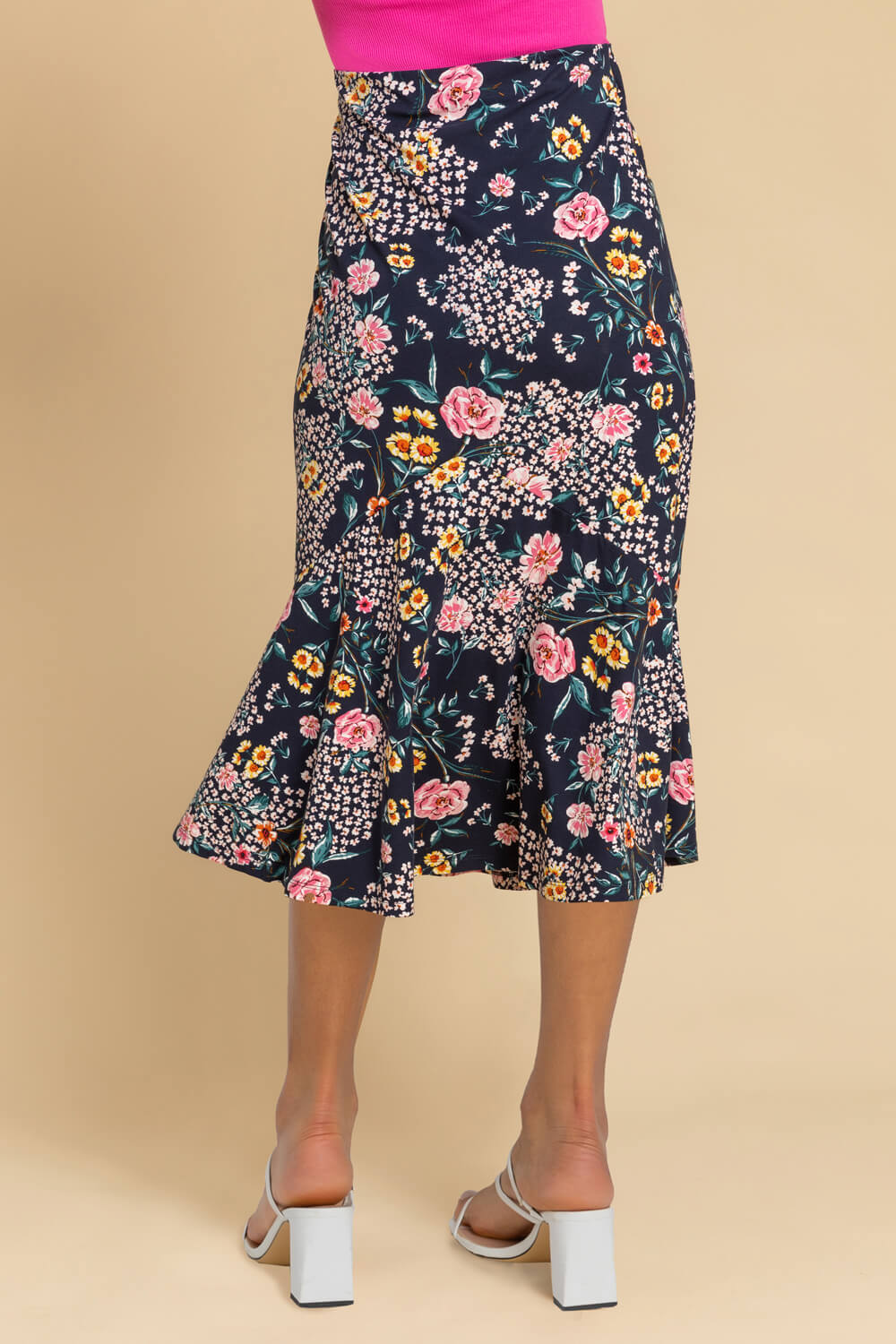 Navy  Floral Print Fluted Hem Midi Skirt, Image 2 of 4