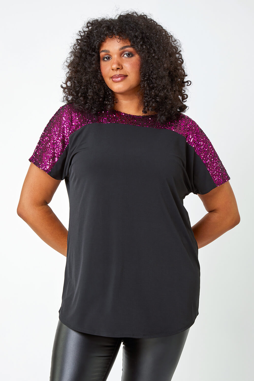 Fuchsia Curve Sequin Embellished Stretch Top, Image 3 of 7