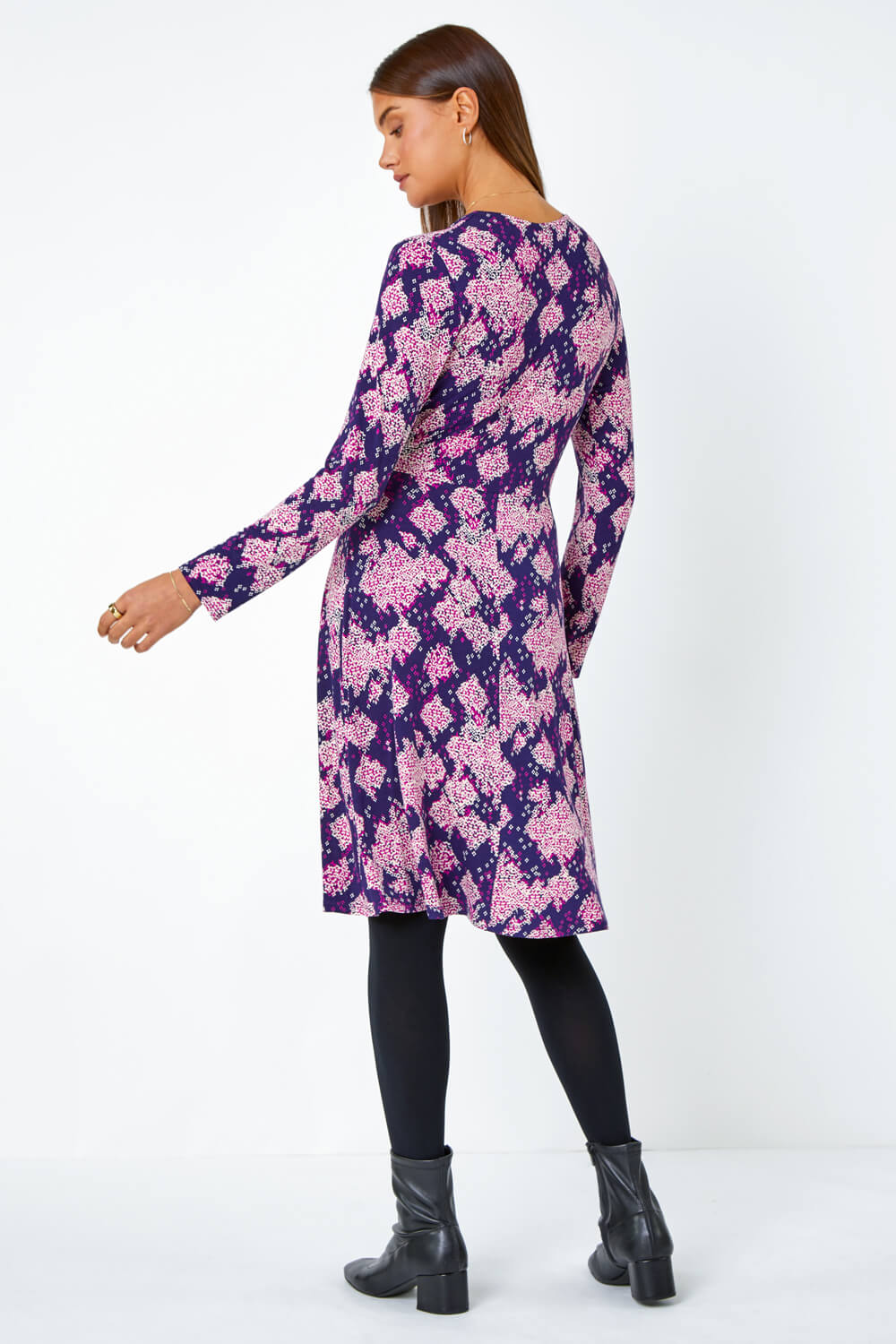 Purple Abstract Aztec Gathered Stretch Dress, Image 3 of 5