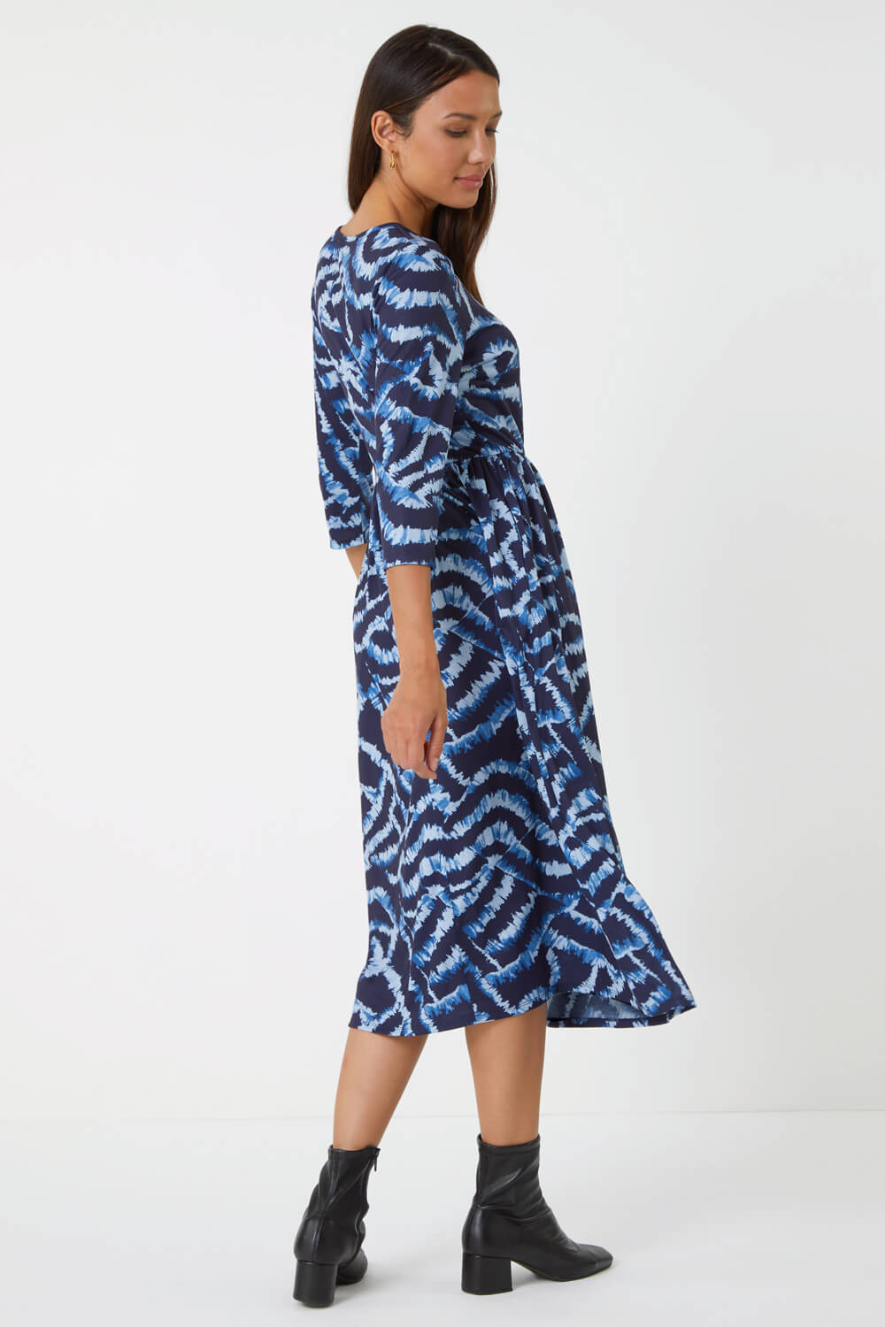 Blue Abstract Pocket Detail Midi Stretch Dress, Image 3 of 5