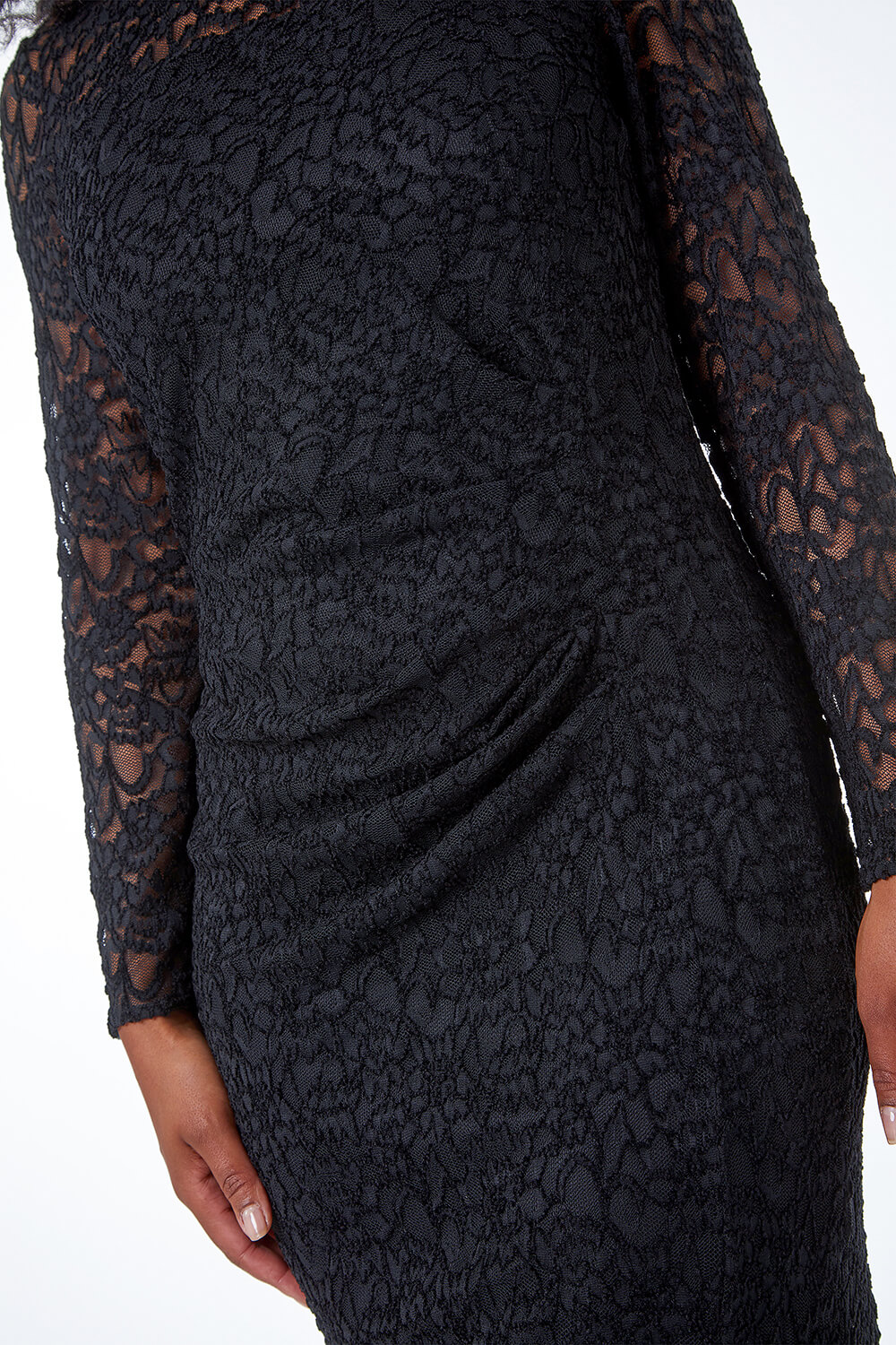 Black Petite Side Ruched Lace Dress, Image 5 of 5