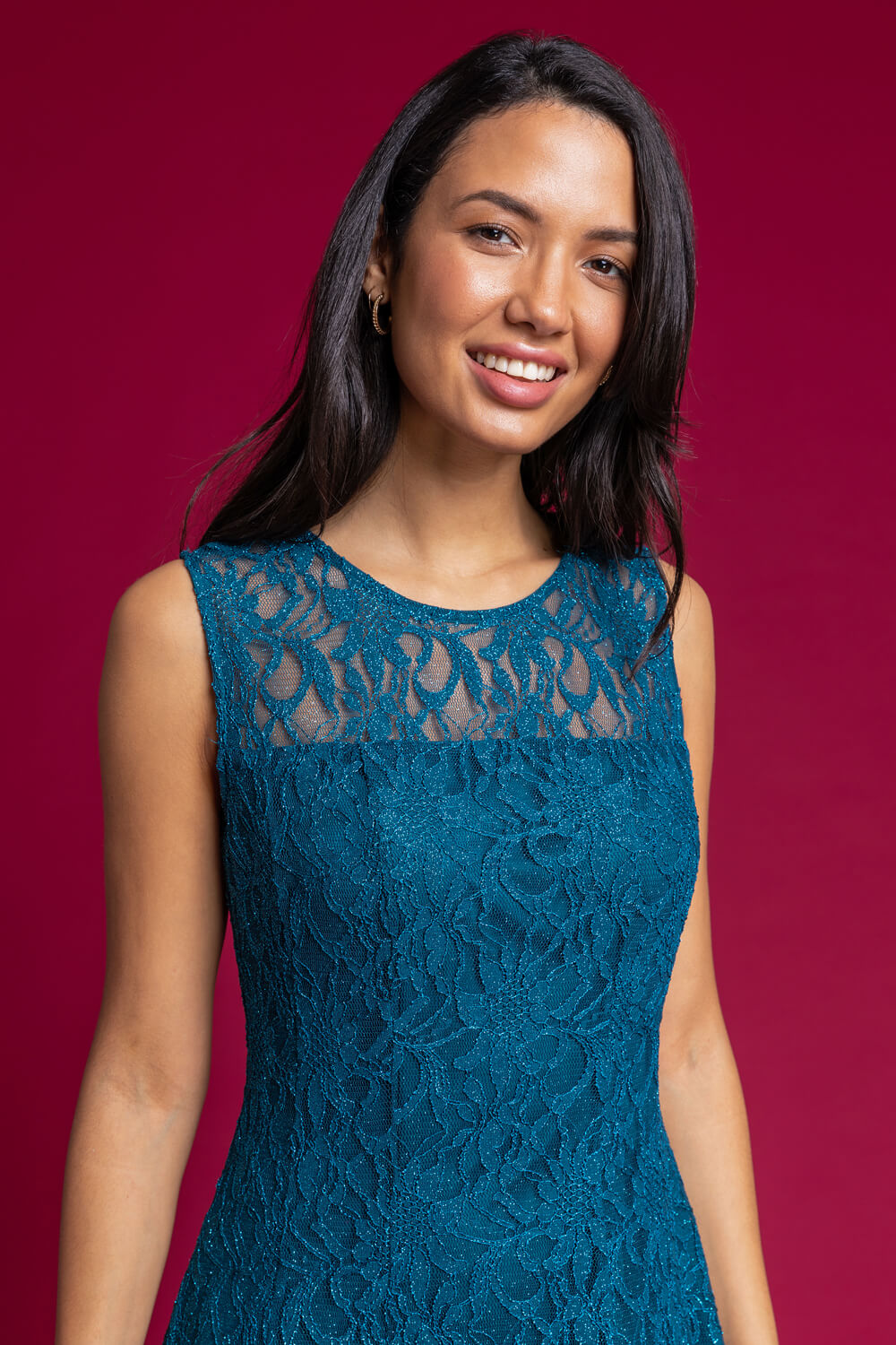 Teal Glitter Lace Fit And Flare Dress, Image 4 of 4