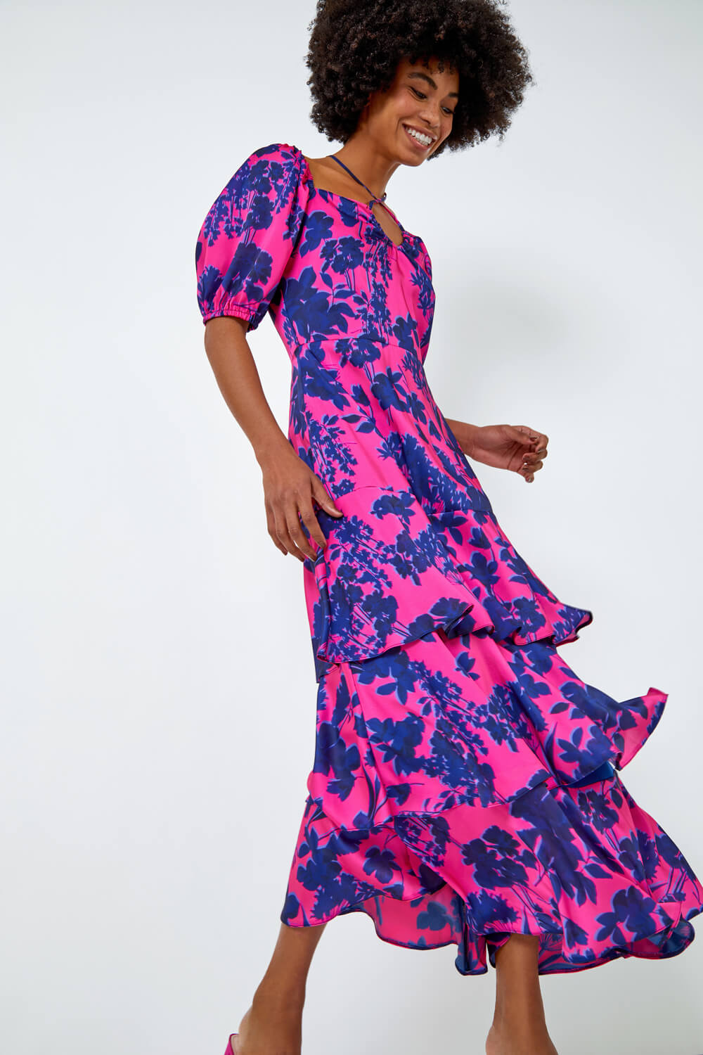CERISE Floral Puff Sleeve Tiered Maxi Dress, Image 2 of 5