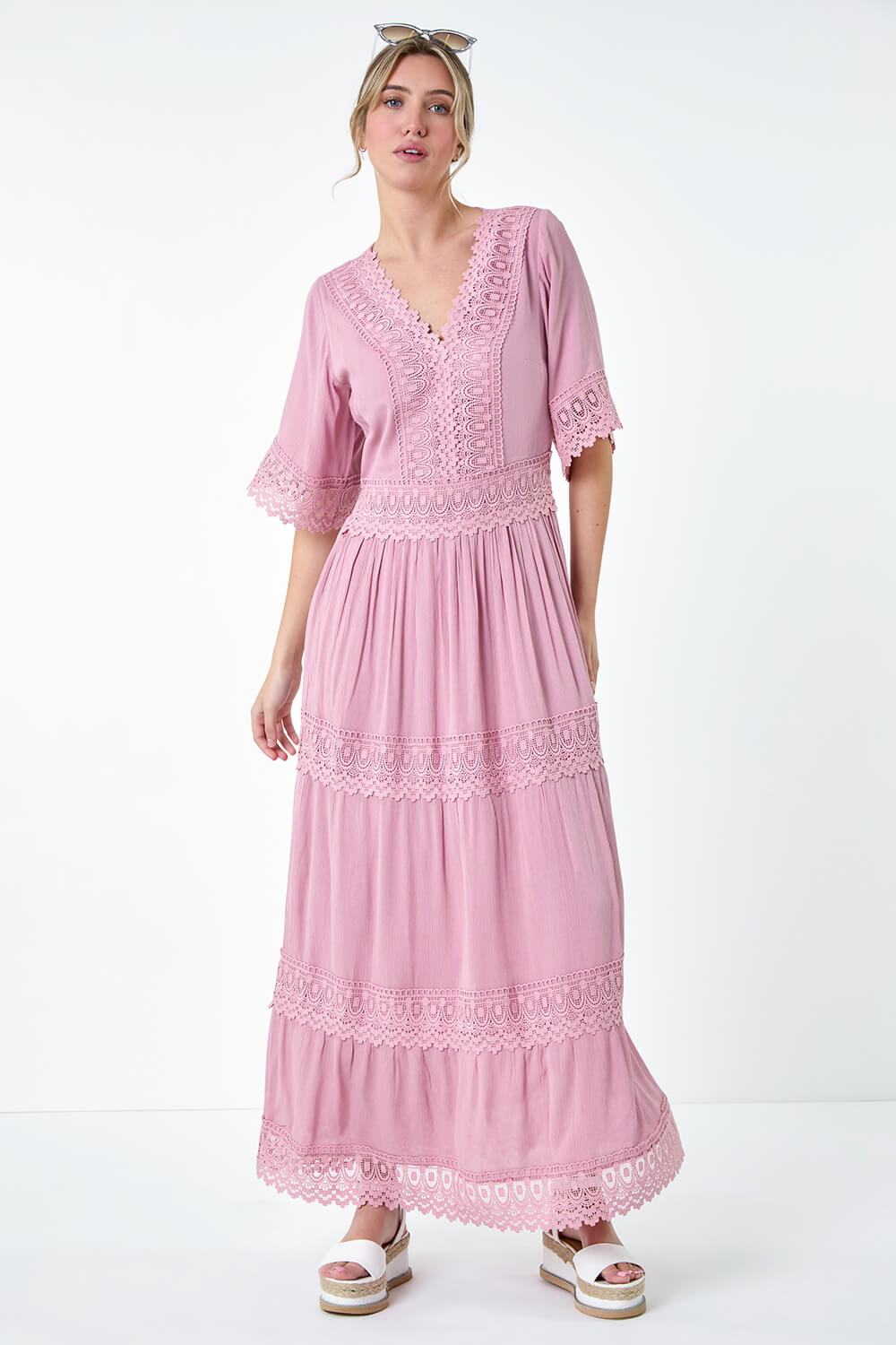 Light Pink Tiered Lace Detail Maxi Dress | Roman UK