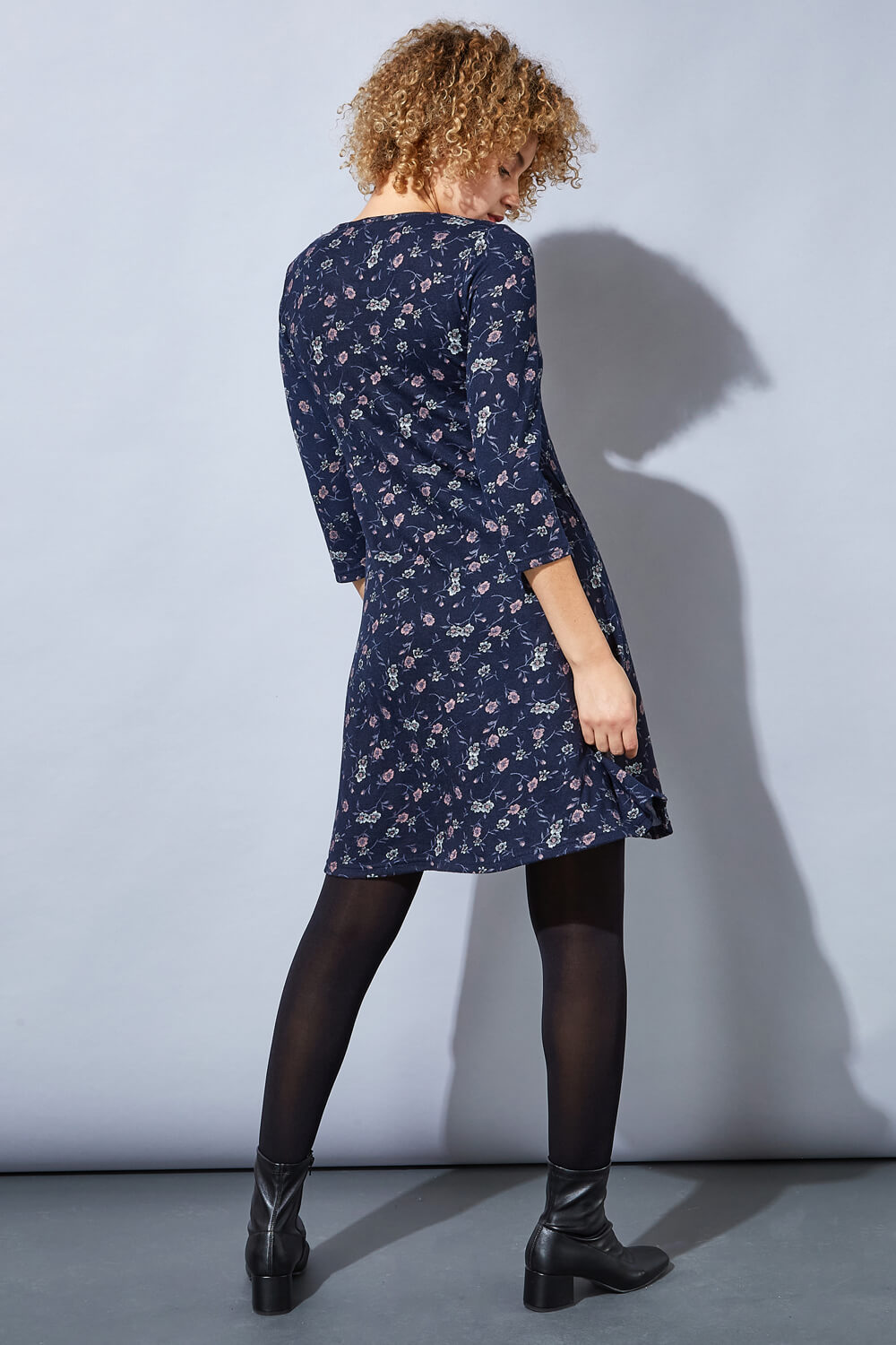 Navy  Floral Print Swing Dress, Image 3 of 4