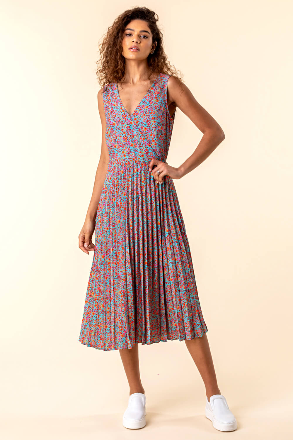 Turquoise Floral Print Midi Wrap Dress, Image 4 of 4