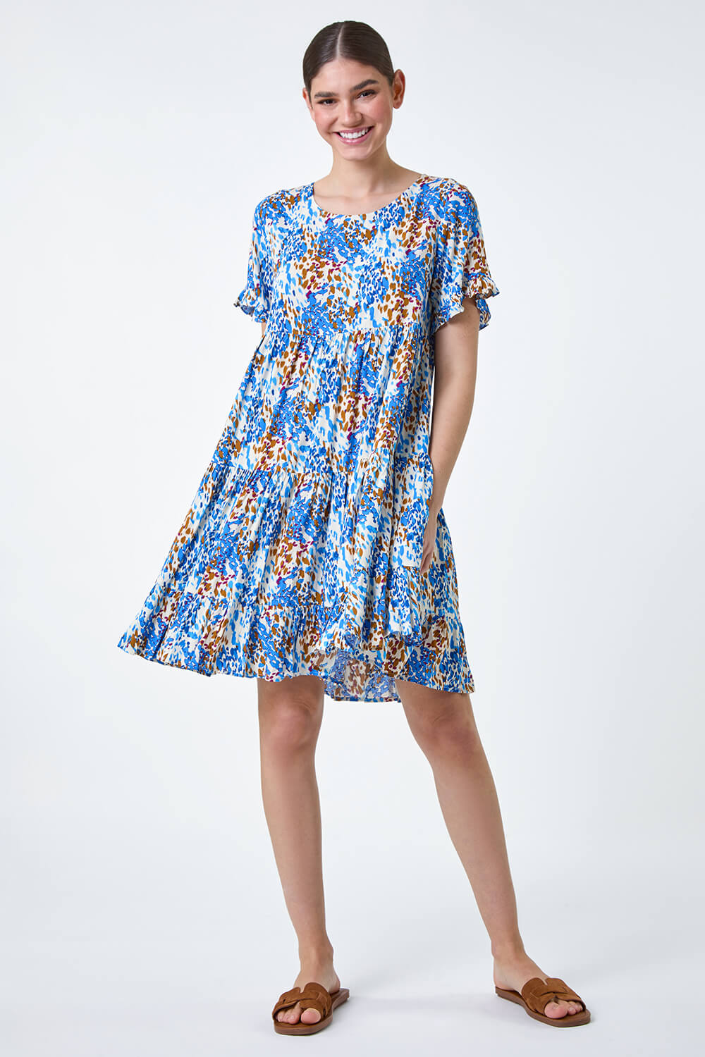 Blue Abstract Print Tiered Smock Dress, Image 4 of 5