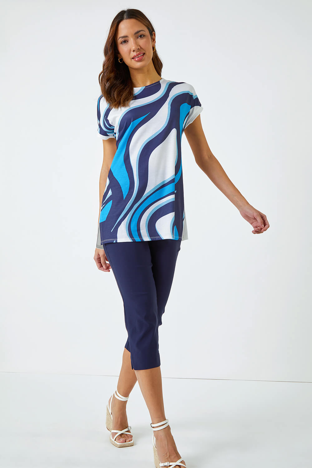 Blue Swirl Print Tunic Stretch Top, Image 2 of 5