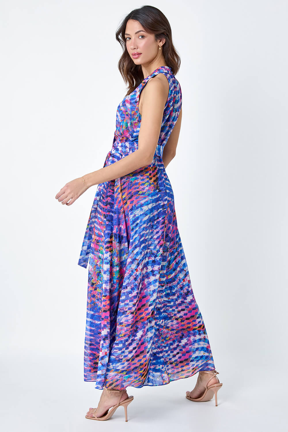 Blue Abstract Print Halterneck Maxi Dress, Image 3 of 5