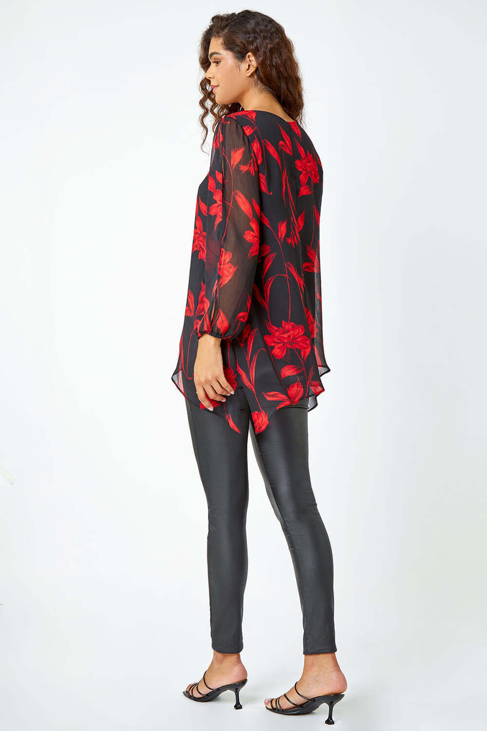 Red Floral Chiffon Layered Tunic Top, Image 3 of 5