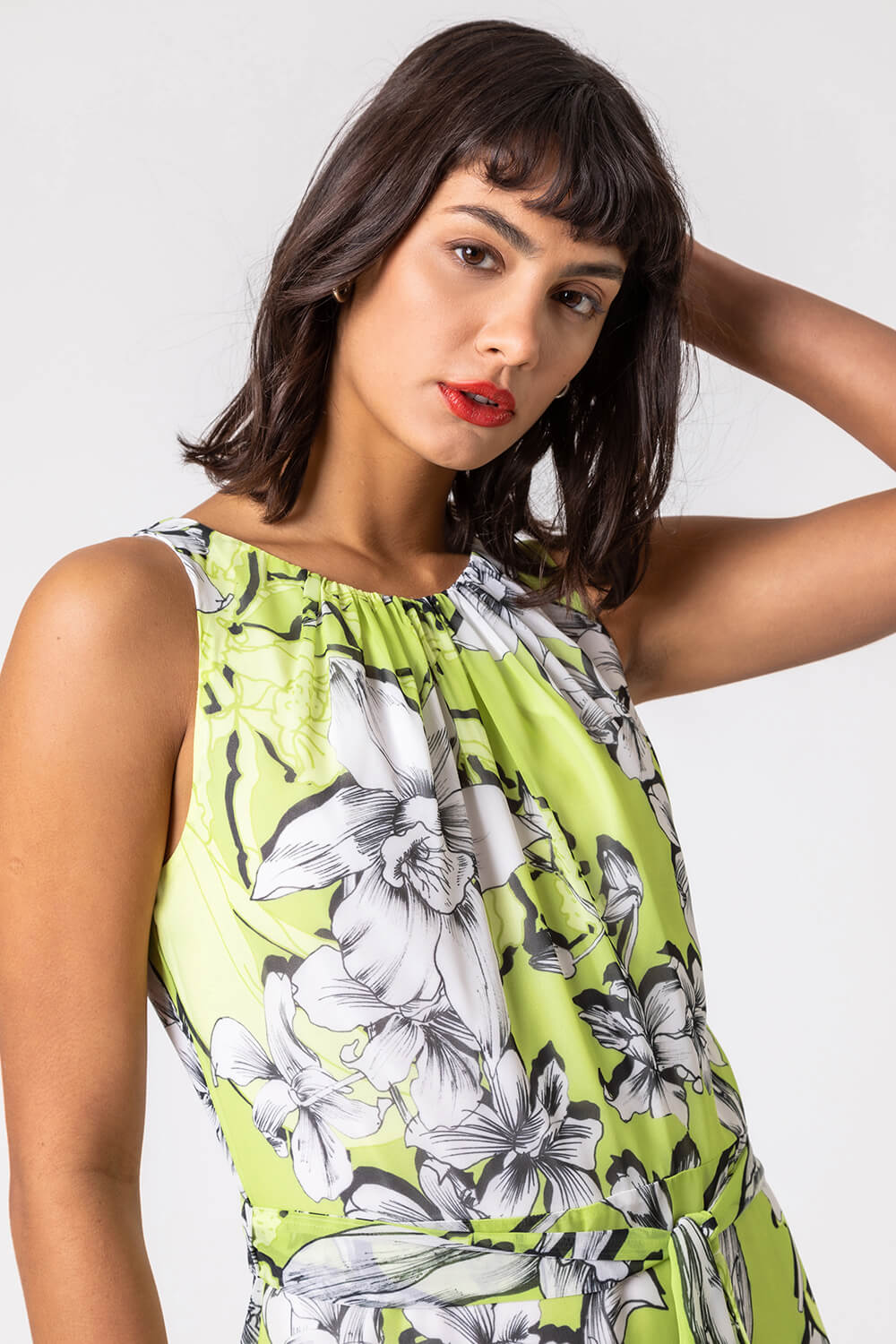 Lime Floral Tie Waist Dipped Hem Dress, Image 4 of 4