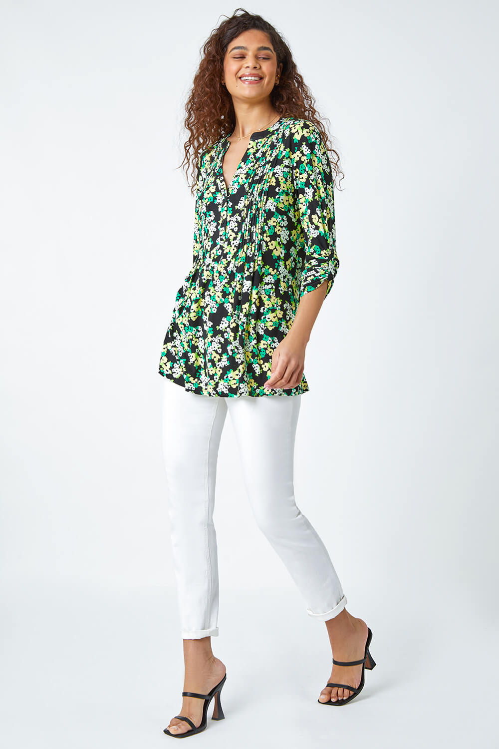 Green Floral Print Pintuck Stretch Top, Image 6 of 6