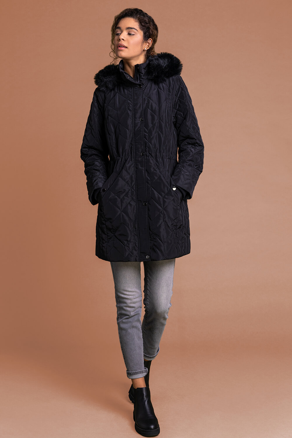 Black Faux Fur Trim Hooded Parka Coat, Image 3 of 5
