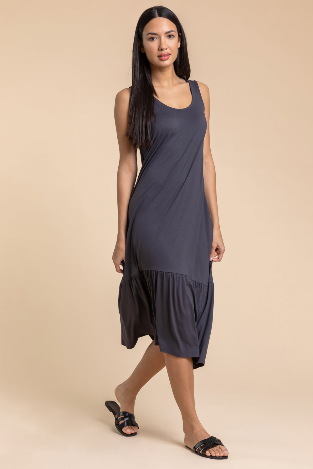 Grey Plain Jersey Frill Hem Midi Dress, Image 2 of 4