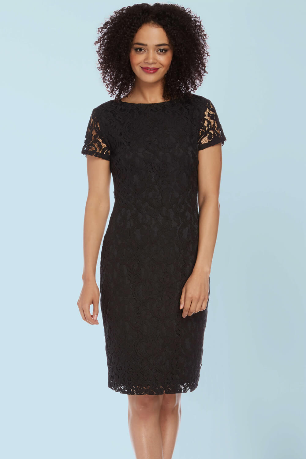 Short Sleeve Luxe Lace Dress in Black - Roman Originals UK
