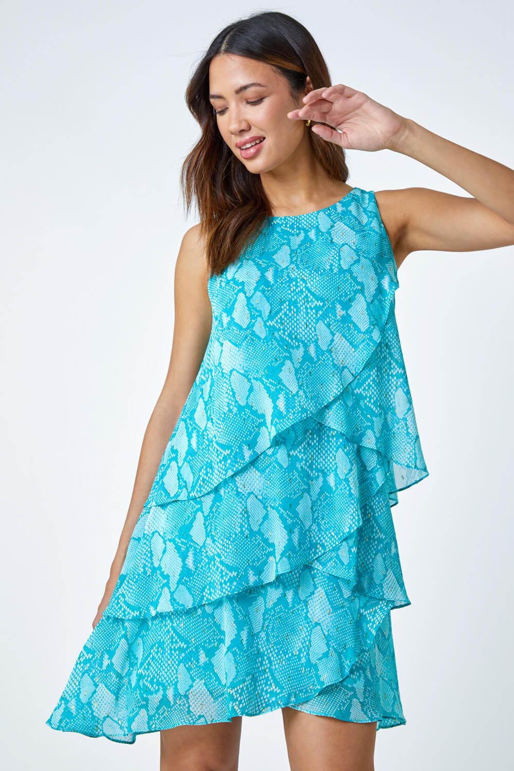 Turquoise Sleeveless Tiered Animal Print Dress | Roman UK