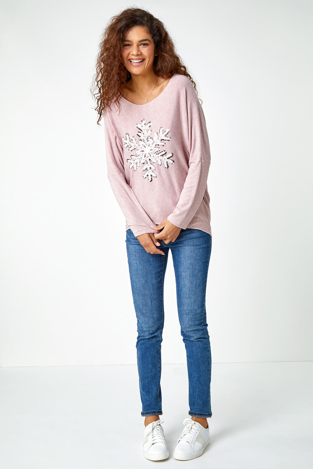 Light Pink Embellished Snowflake Stretch Top, Image 2 of 5