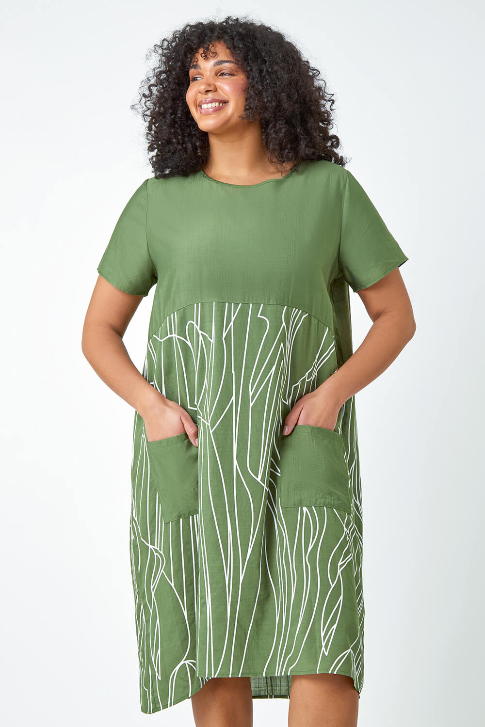 KHAKI Curve Contrast Print Pocket T-Shirt Dress, Image 4 of 5