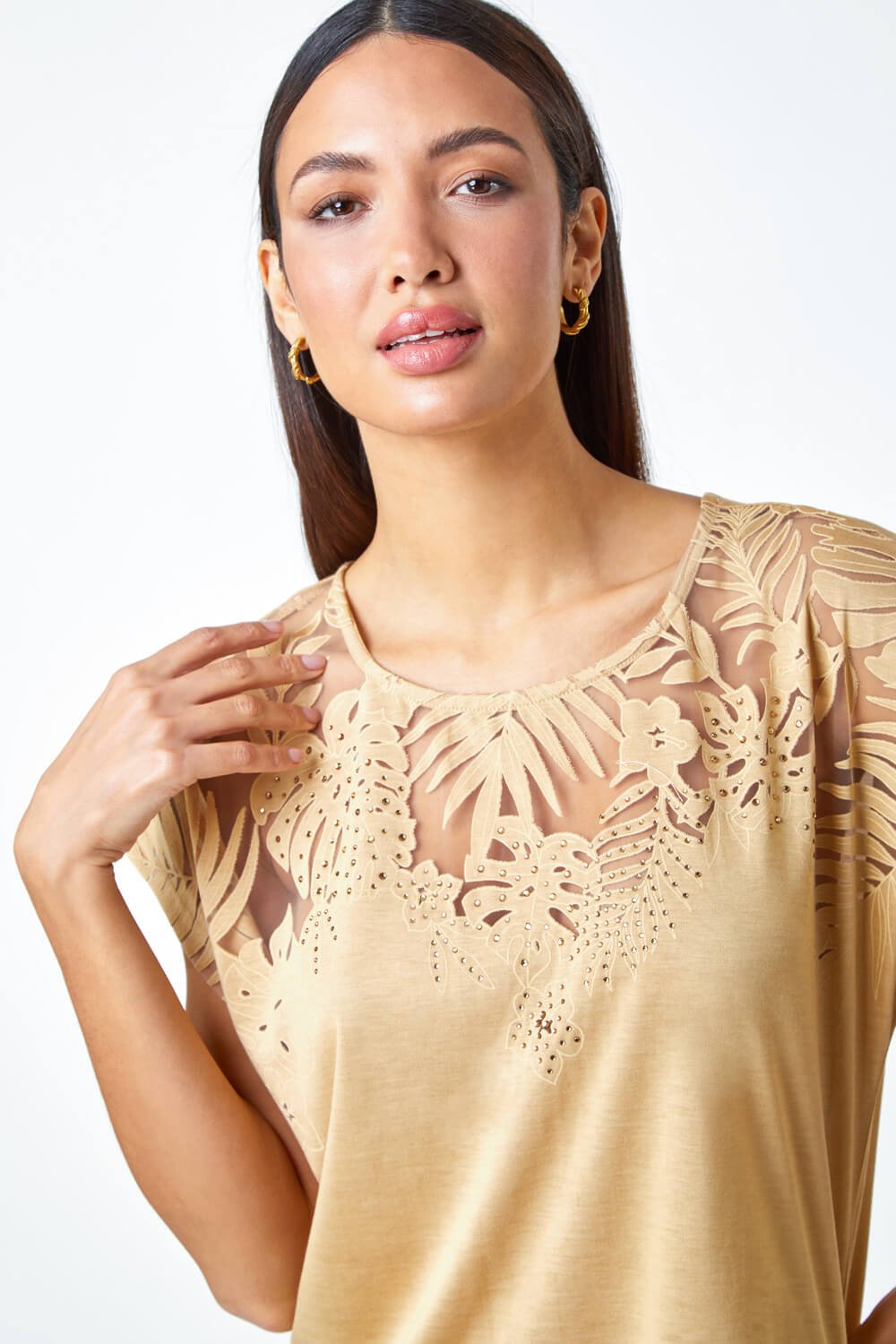 Gold Embellished Palm Print Cut Out T-Shirt, Image 5 of 5