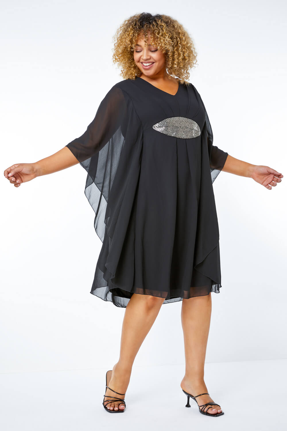 Black Curve Embellished Chiffon Overlay Dress, Image 1 of 4