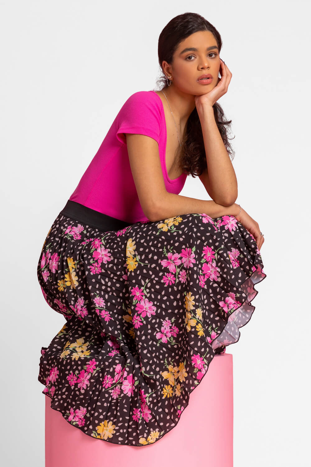 Floral Spot Print Pleated Maxi Skirt