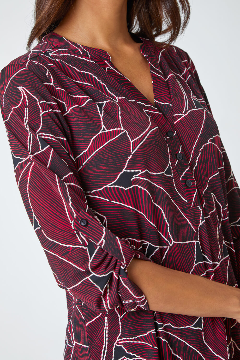 Red Textured Leaf Stretch Jersey Top, Image 5 of 5