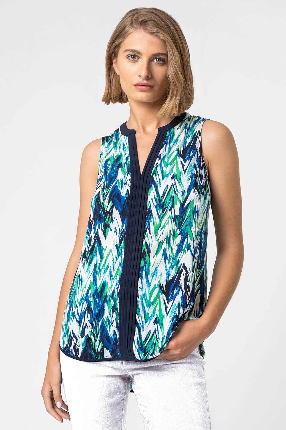 Green Abstract Print Notch Neck Sleeveless Top, Image 4 of 4