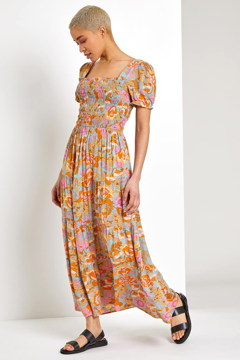 ORANGE Retro Floral Print Tiered Maxi Dress, Image 2 of 5