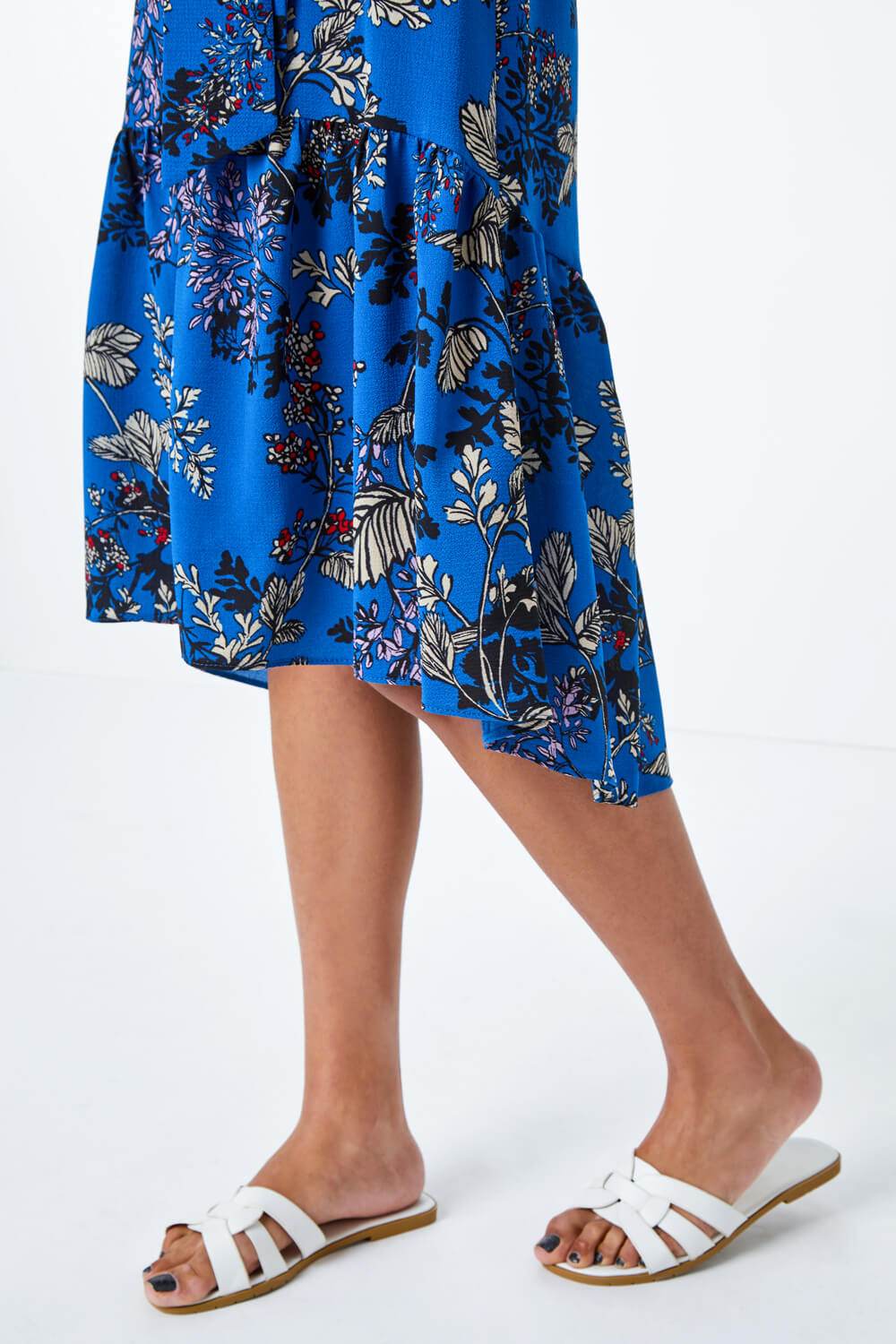 Blue Floral Print Dipped Hem Dress, Image 5 of 5