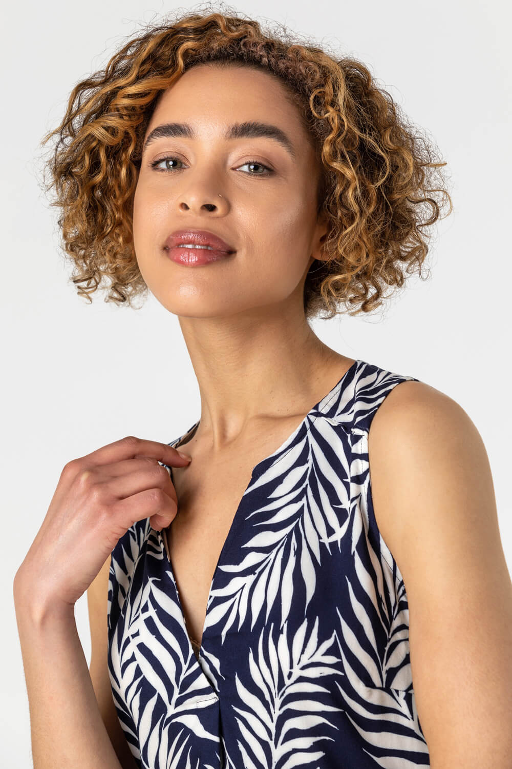Navy  Feather Palm Print Shift Dress, Image 5 of 5