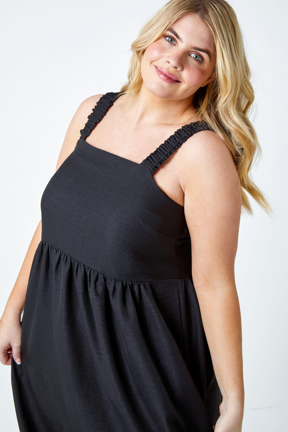 Black Curve Linen Look Ruched Midi Dress, Image 4 of 5