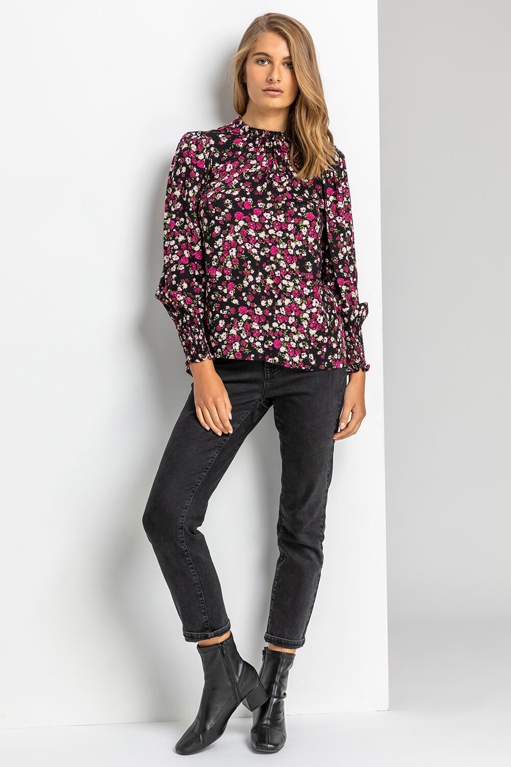 Black Ditsy Floral Frill Neck Blouse, Image 3 of 4