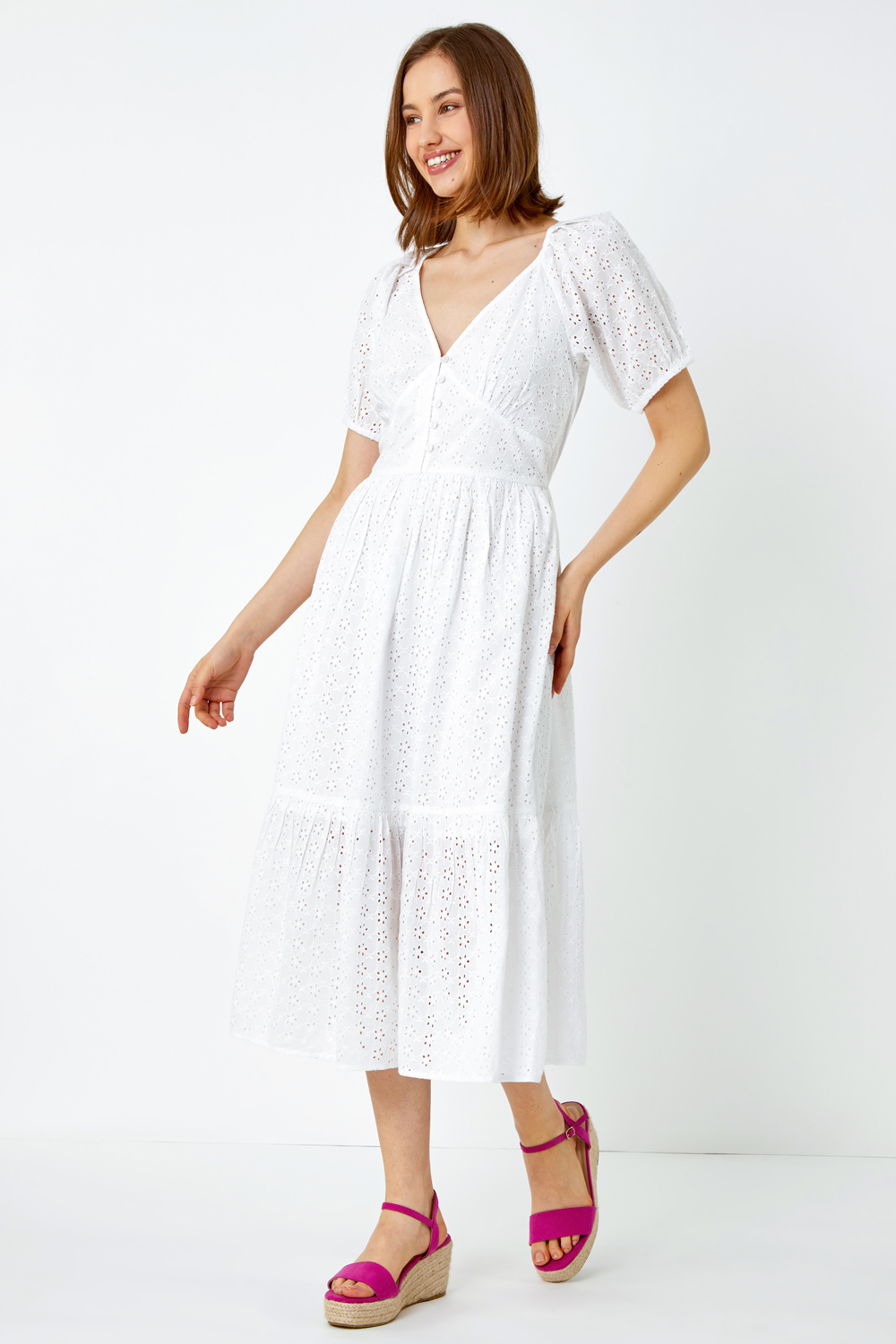 White Broderie Puff Sleeve Cotton Midi Dress | Roman UK