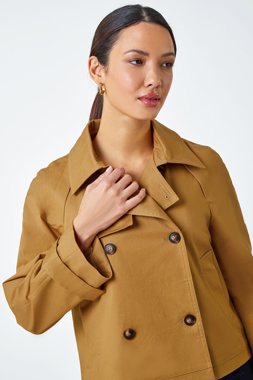 Tan Cotton Blend Cropped Stretch Trench Coat, Image 4 of 5